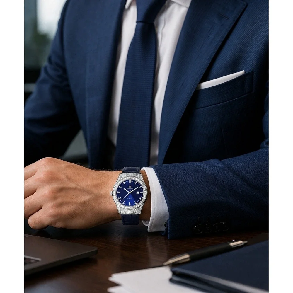 Shaarms Mens Quartz Watch Blue Dial Crystal Bezel Leather Strap Date‎ New